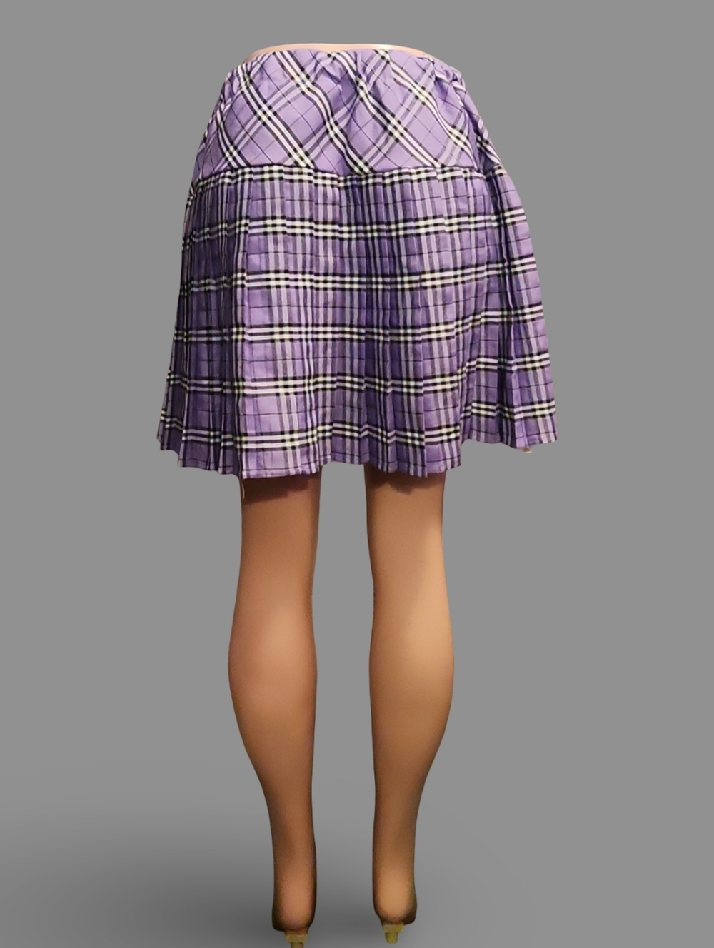Women's Purple Plaid Pleated Knee Skirt Twill Pull On Casual Preppy - Picture 8 of 10